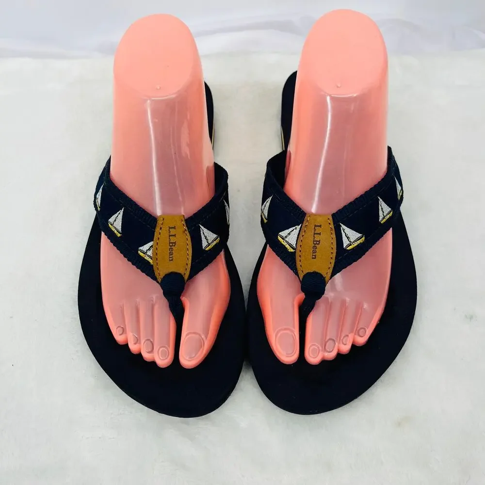L.L. BEAN Women's Navy & Yellow Sailboat Flip Flop Sandals 9  Nautical Coastal